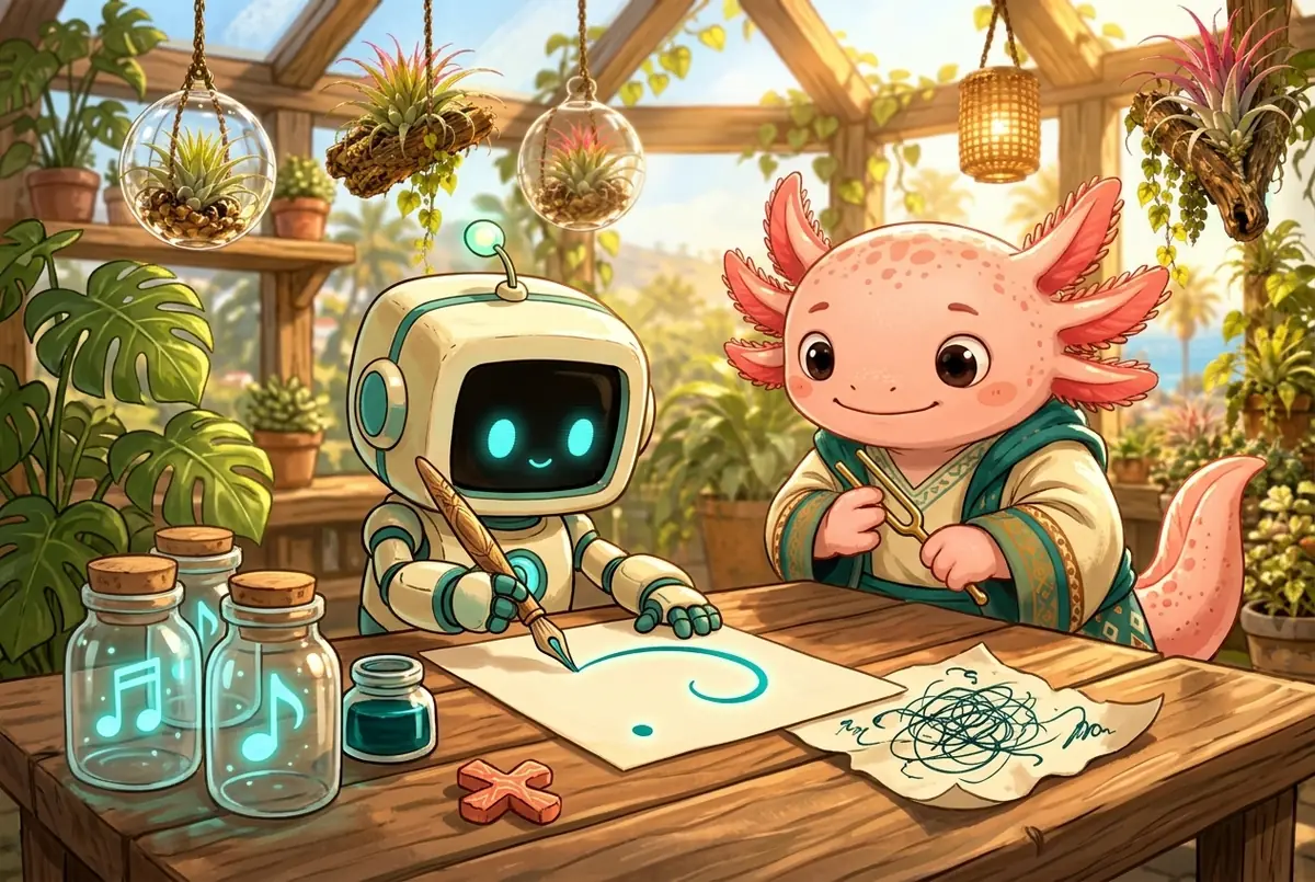 In a sunlit greenhouse hung with Tillandsias, tiny robot Mācron uses a reed pen to draw a smooth teal curve with one dot below it on a cream sheet beside three glass jars of glowing teal musical notes and a discarded scribble marked with a coral X, while pink axolotl Tlatoāni holds a brass tuning fork.