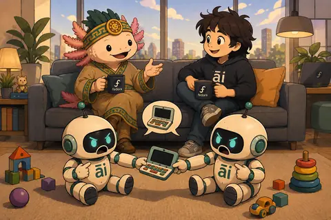 Tlatoāni and apprentice Covi chat on a sofa holding Fedora mugs while two small cream-and-teal Mācron robots on the rug both tug at the same toy computer, each pointing at the āi on its own chest.