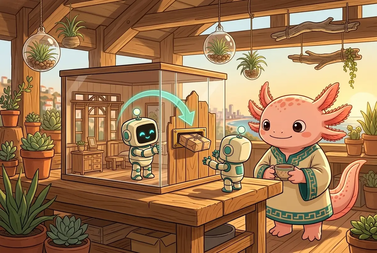 In a sunlit coastal workshop hung with Tillandsias air plants, a miniature glass-and-wood forge room sits on a workbench as one tiny cream-and-teal robot Mācron slides a tied parcel through a brass post slot to a second tiny Mācron outside, watched by pink axolotl Tlatoāni holding a teacup.