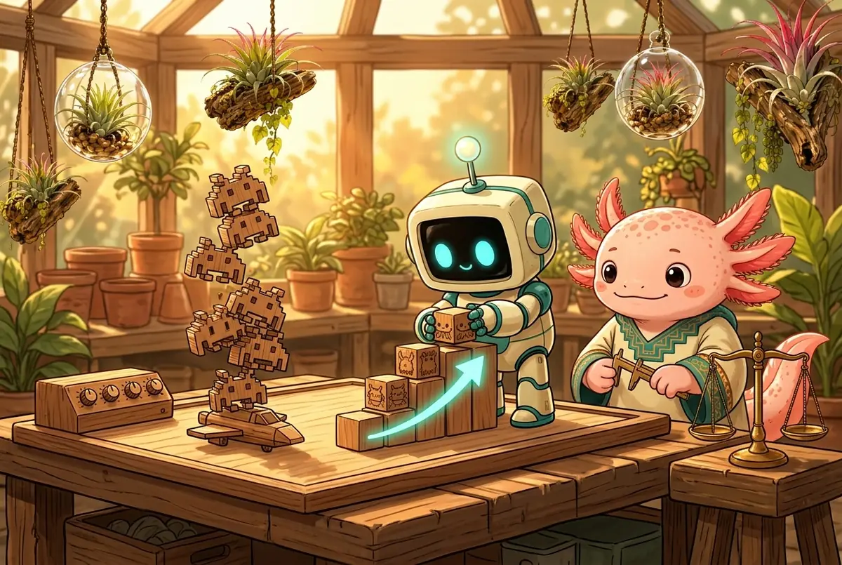 On a greenhouse workbench, a wooden five-knob dial box sits beside a precarious towering stack of carved wooden space-invader blocks looming over a tiny wooden ship, while tiny robot Mācron arranges blocks into a gentle three-step staircase with a rising teal arrow and pink axolotl Tlatoāni holds brass calipers beside a balance scale.