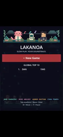 Lakanoa's pixel-art landing screen, with a pink axolotl, cream-and-teal robot, plants, musical notes and a red New Game button.