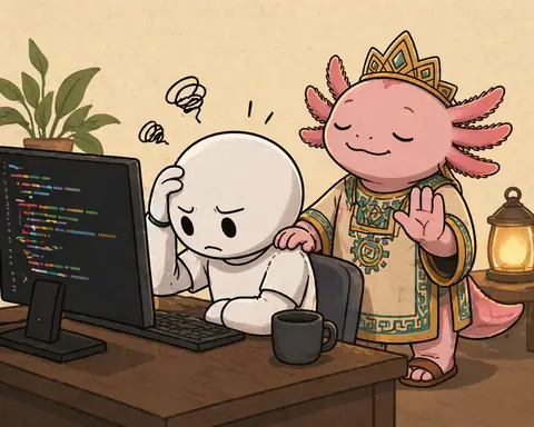 A frustrated white round-headed developer rubs his head in front of colorful code while Tlatoāni, crowned and calm, rests a hand on his shoulder and raises the other palm.