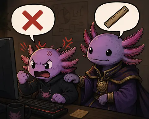 An angry young purple axolotl in a black hoodie shouts at a computer with a red X speech bubble while an older purple axolotl in a robe rests a hand on his shoulder, thinking of a ruler.