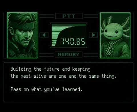 A green monochrome Metal Gear Solid codec screen with a soldier on the left, Tlatoāni on the right, frequency 140.85, and a message about passing on what you've learned.