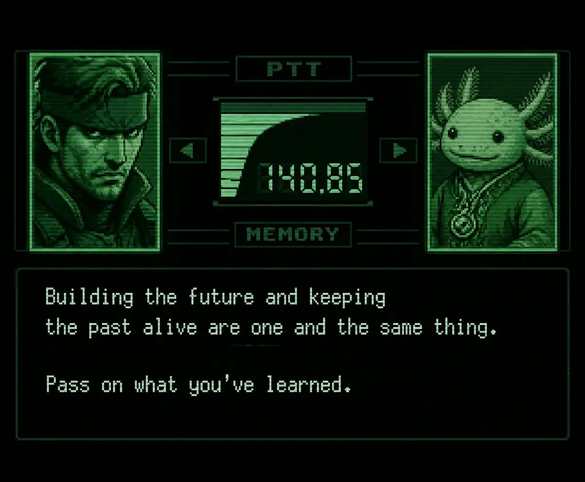 A green monochrome Metal Gear Solid codec screen with a soldier on the left, Tlatoāni on the right, frequency 140.85, and a message about passing on what you've learned.