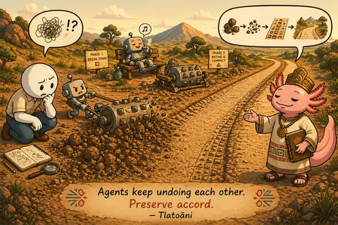 On a dirt road, one small robot drags a spiked roller that breaks the paved path back into rubble while another relaxes on a bench with tea, a confused figure kneels with notes, and crowned Tlatoāni gestures calmly.