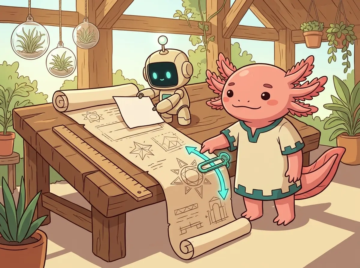 In a sunlit workshop hung with Tillandsias, tiny robot Mācron inserts a new sheet of parchment near the top of an unrolled scroll beside a wooden ruler, while pink axolotl Tlatoāni points to a glowing teal clip anchored directly to a carved sun emblem as the scroll shifts downward.