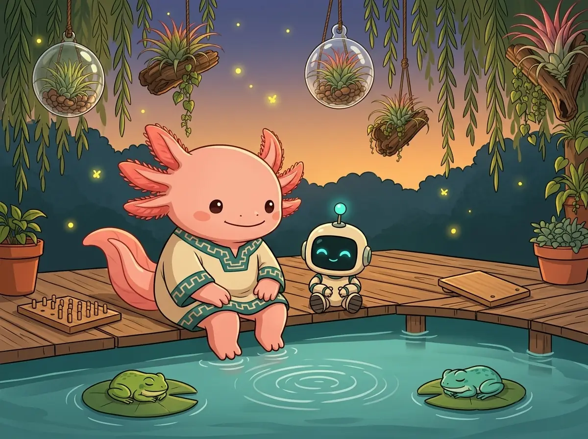 At twilight beside a calm garden pond hung with Tillandsias in glass globes, pink axolotl Tlatoāni and tiny cream-and-teal robot Mācron sit peacefully on a wooden deck with their feet near the water as two tree frogs sleep on lily pads and an unused wooden peg-scoreboard rests aside.