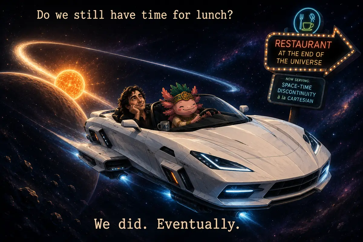 Tlatoāni drives a white flying sports car through space beside a curly-haired passenger, toward a neon sign for the Restaurant at the End of the Universe.