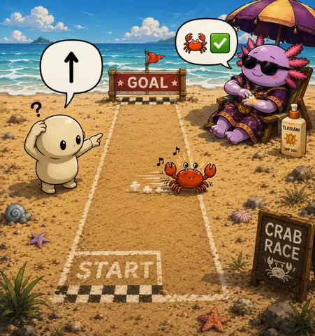On a beach crab-race track, a confused cream figure points forward toward the GOAL while a crab scuttles sideways, and a purple axolotl in sunglasses under an umbrella approves the crab.
