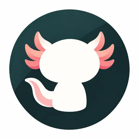 A flat icon of a white axolotl silhouette seen from behind, with pink gills and a pink-edged tail, on a dark teal circle.