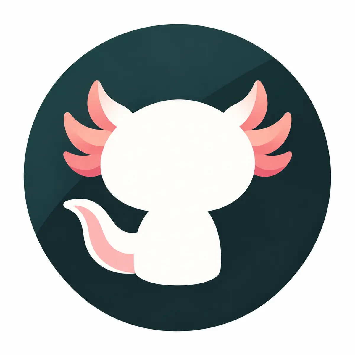 A flat icon of a white axolotl silhouette seen from behind, with pink gills and a pink-edged tail, on a dark teal circle.