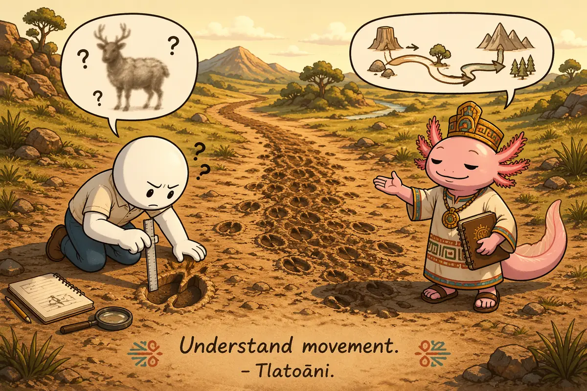 A white round-headed figure kneels with a ruler to measure one deep hoofprint while crowned Tlatoāni stands calmly beside a long trail of prints, thinking of a route map with arrows.