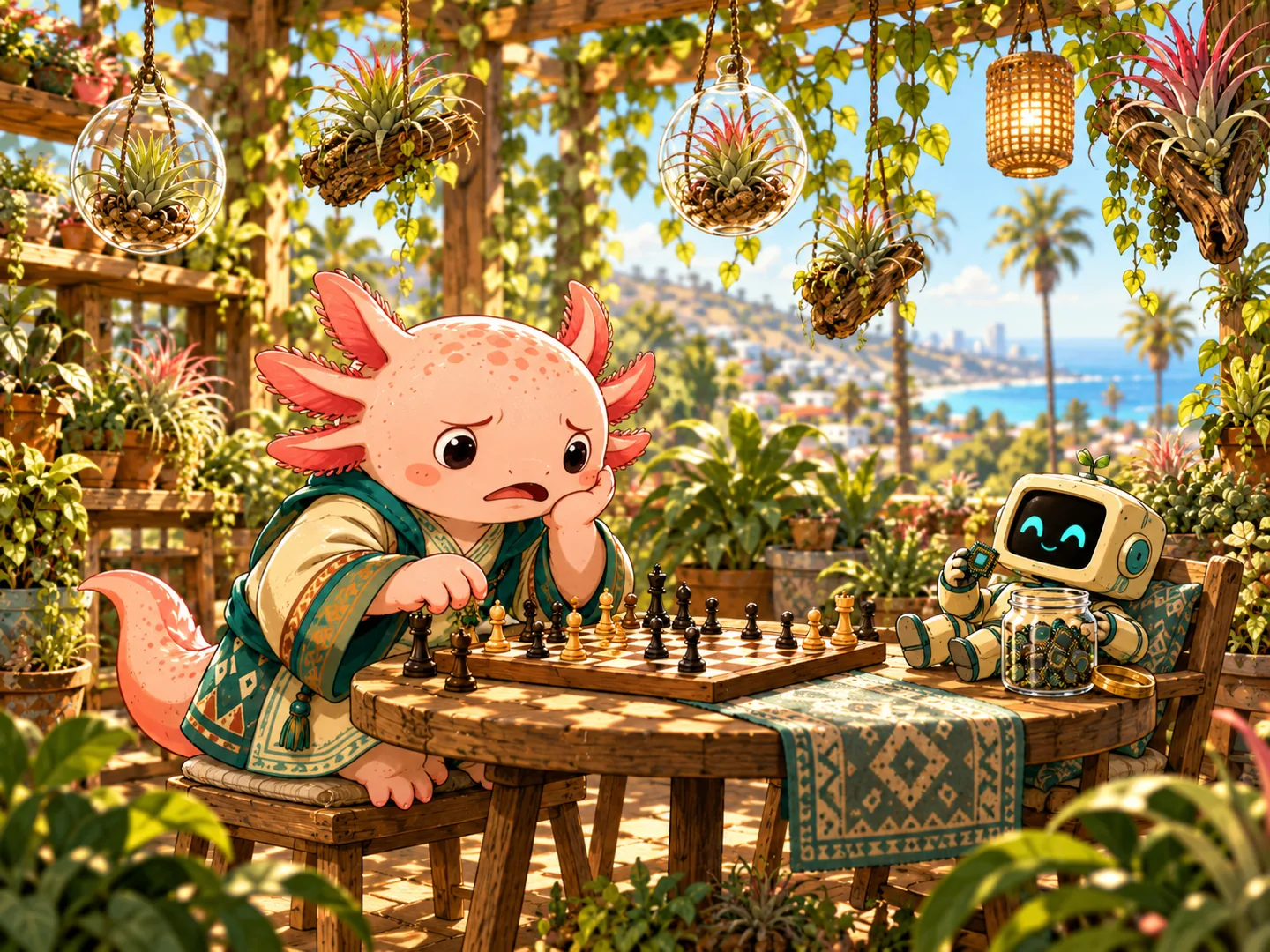 Tlatoāni, a pink axolotl in cream and teal robes, ponders a chessboard while tiny robot Mācron smiles beside a jar of chips in a sunlit hanging garden.