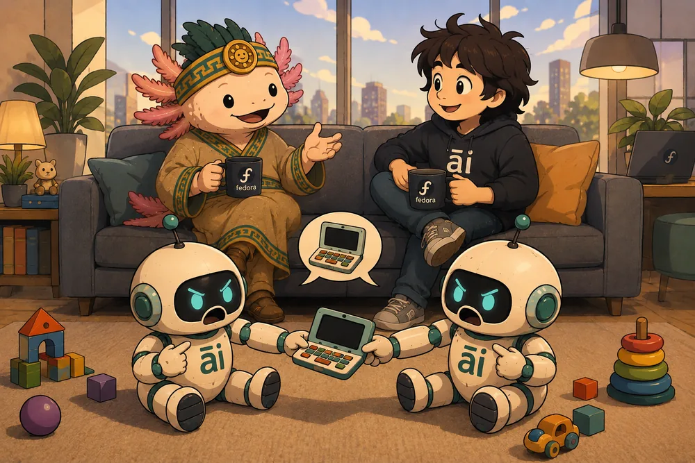 Tlatoāni and apprentice Covi share a conversation on a cozy sofa while two toy-sized cream and teal Mācron robots point at the same little computer.